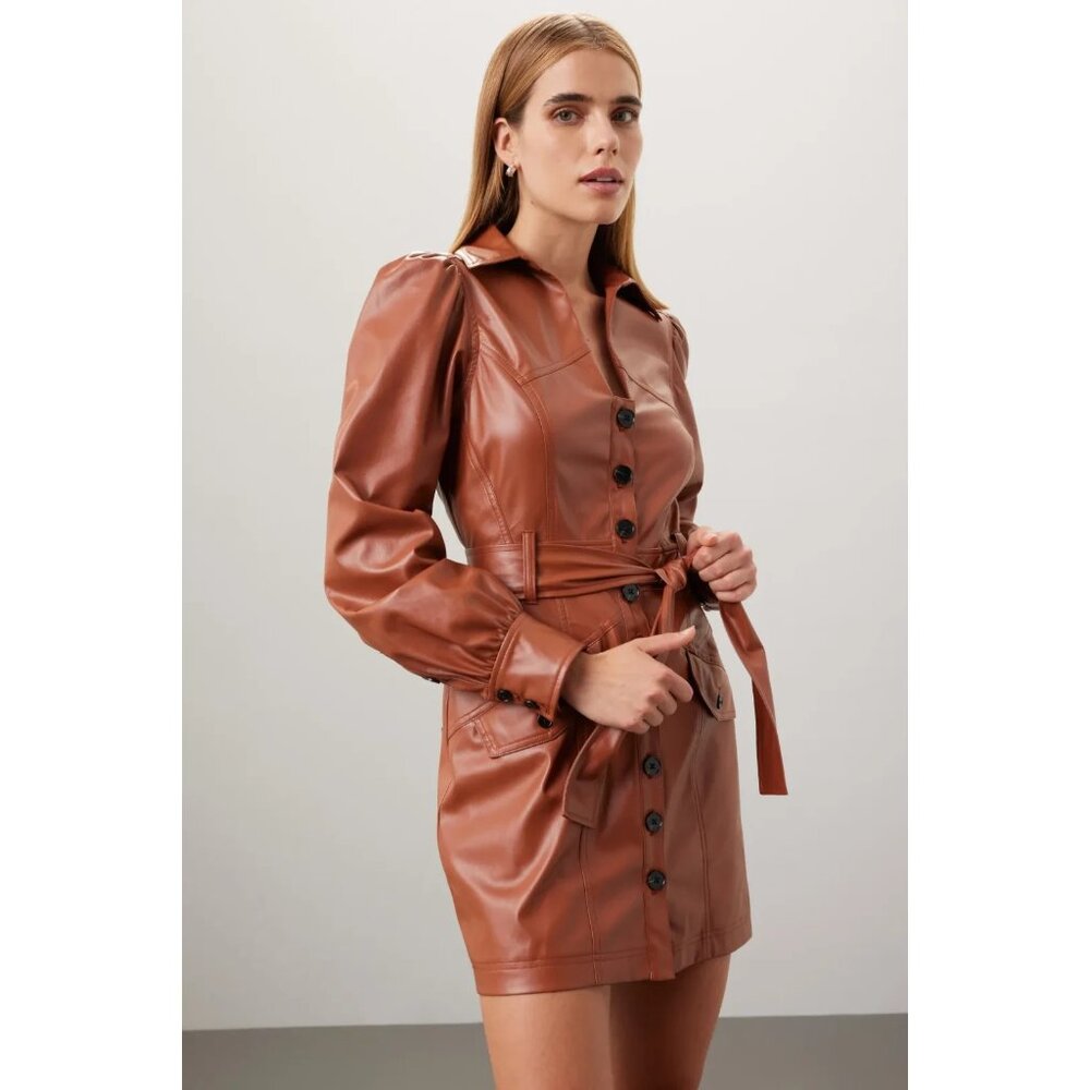 Marissa Webb Faux Leather Mini Dress Size 8 Brown $400 Retail